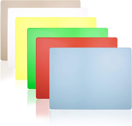 18 x 12 Inch Color Coded Cutting Boards - Set of 6 White, Red, Green, Blue, Yellow, Brown - 1/2" Thick HDPP Plastic for Food Service