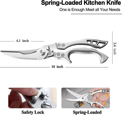 Poultry Shears Heavy Duty Professional, Multipurpose Kitchen Shears with Sheath, Spring-Loaded Stainless Steel Chef Scissors Cutting Bone, Chicken, Fish, Food, Meat, Full Steel Handle Silver