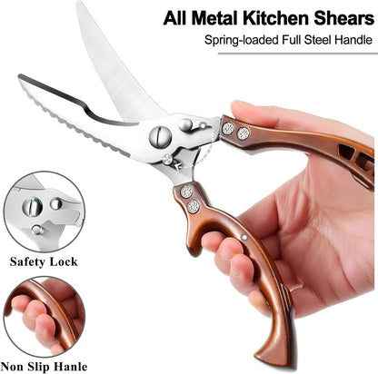 Poultry Shears Heavy Duty Professional, Multipurpose Kitchen Shears with Sheath, Spring-Loaded Stainless Steel Chef Scissors Cutting Bone, Chicken, Fish, Food, Meat, Full Steel Handle Silver
