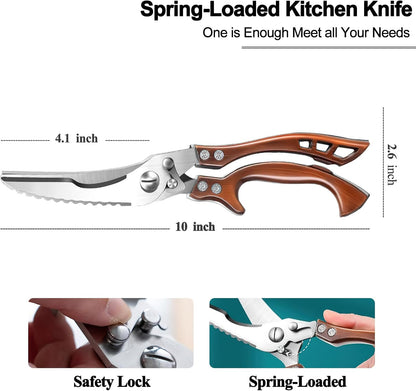 Poultry Shears Heavy Duty Professional, Multipurpose Kitchen Shears with Sheath, Spring-Loaded Stainless Steel Chef Scissors Cutting Bone, Chicken, Fish, Food, Meat, Full Steel Handle Silver