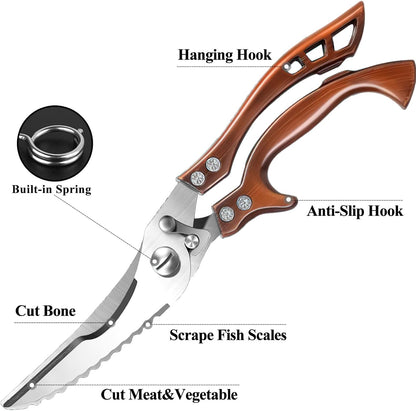 Poultry Shears Heavy Duty Professional, Multipurpose Kitchen Shears with Sheath, Spring-Loaded Stainless Steel Chef Scissors Cutting Bone, Chicken, Fish, Food, Meat, Full Steel Handle Silver