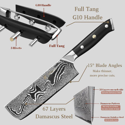 Nitoko Nakiri Vegetable Knife, 6.7-Inch VG10 Damascus, G10 Handle