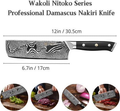 Nitoko Nakiri Vegetable Knife, 6.7-Inch VG10 Damascus, G10 Handle