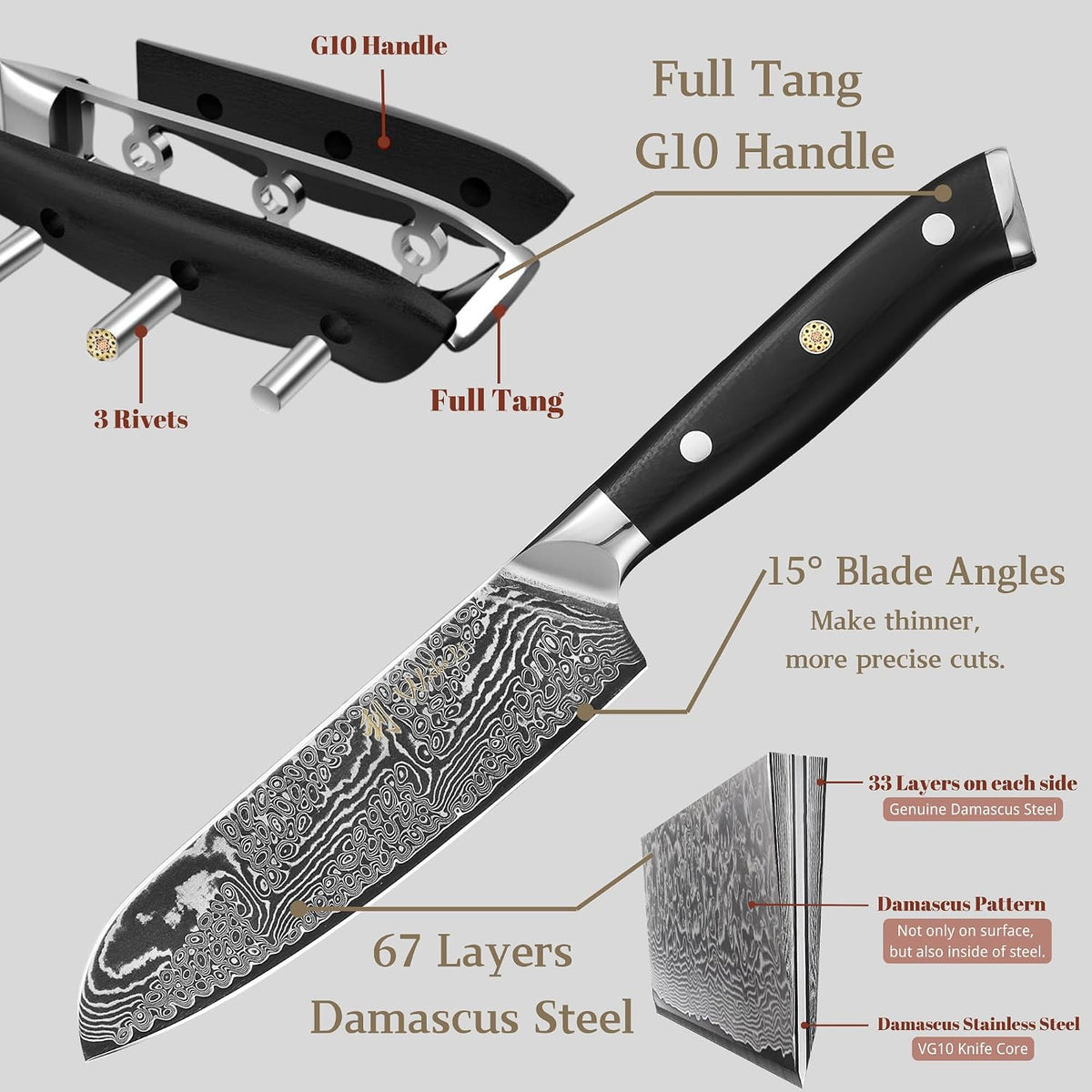 Nitoko Nakiri Vegetable Knife, 6.7-Inch VG10 Damascus, G10 Handle