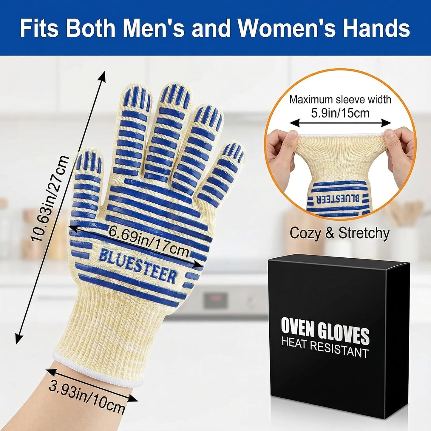 Oven Gloves, Heat Resistant 540 Degrees Grilling Gloves, Hot Surface Handler Non-Slip Silicone Oven Mitts with Fingers, BBQ Gloves for Cooking/Kitchen/Baking, Pack of 2