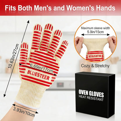 Oven Gloves, Heat Resistant 540 Degrees Grilling Gloves, Hot Surface Handler Non-Slip Silicone Oven Mitts with Fingers, BBQ Gloves for Cooking/Kitchen/Baking, Pack of 2