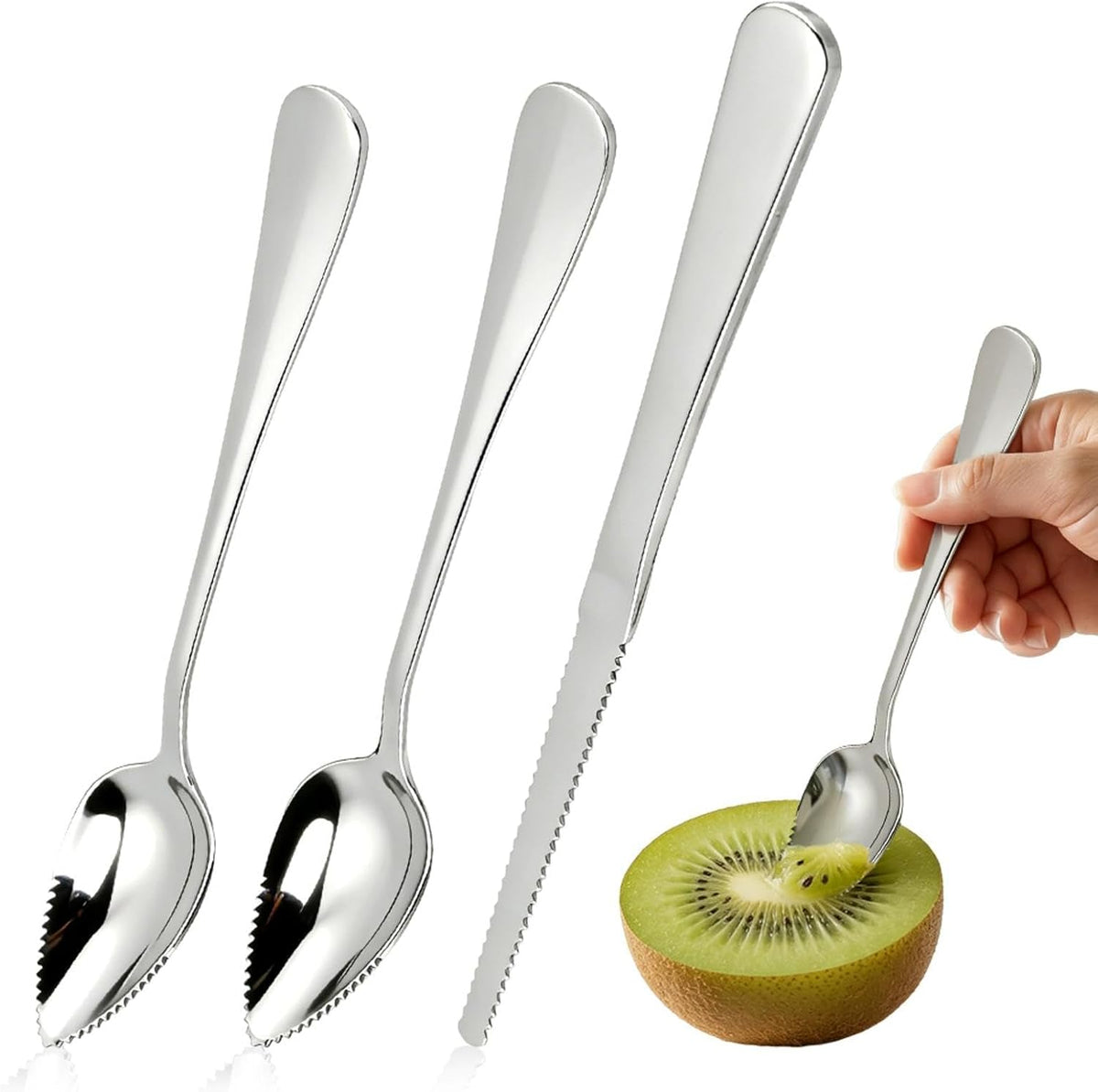 Grapefruit Spoons and Knife Set, 2 Stainless Steel Grapefruit Spoons with Serrated Edge, Curved Serrated Knife for Kiwi, Citrus, Avocado