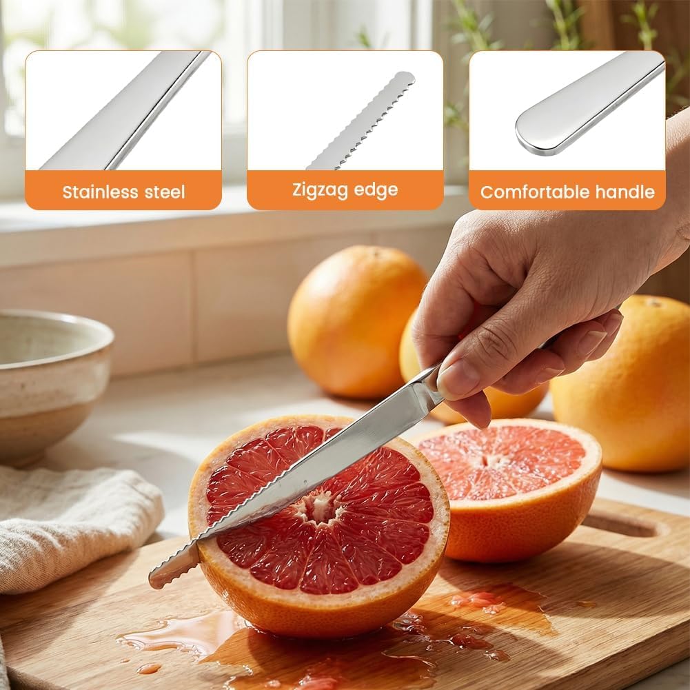 Grapefruit Spoons and Knife Set, 2 Stainless Steel Grapefruit Spoons with Serrated Edge, Curved Serrated Knife for Kiwi, Citrus, Avocado