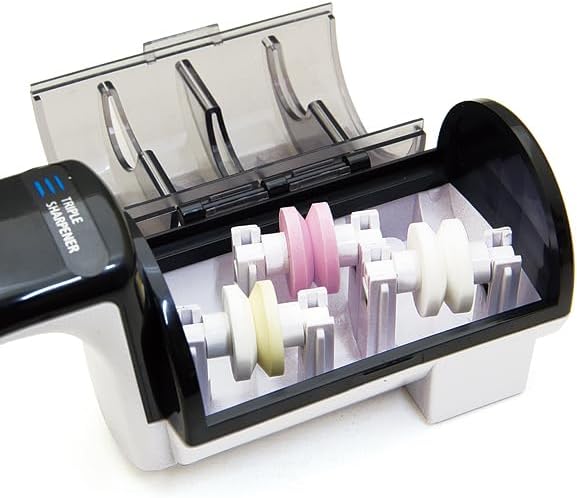 Japanese Handheld Water Wheel 15-Degree Knife Sharpener Triple Sharpener Pro KC-303, Repairs Blades, Sharpens Edges, for Kitchen Chef Knives, Made in Japan