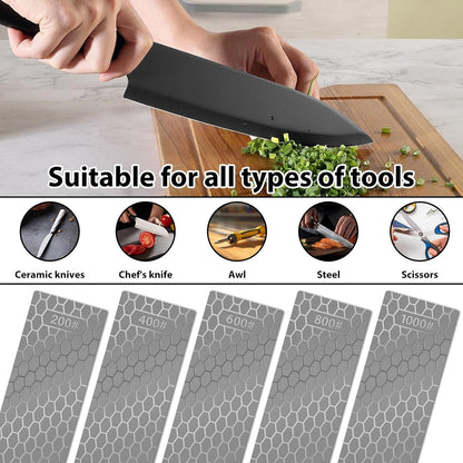 Diamond Sharpening Stones Efficient Diamond Sharpening Plates with Honeycomb Surface Non Slip Knife Sharpening Stone for Scissors Knives Tool Steel 200/400/600/800/1000 Grit(Silver 5pcs)