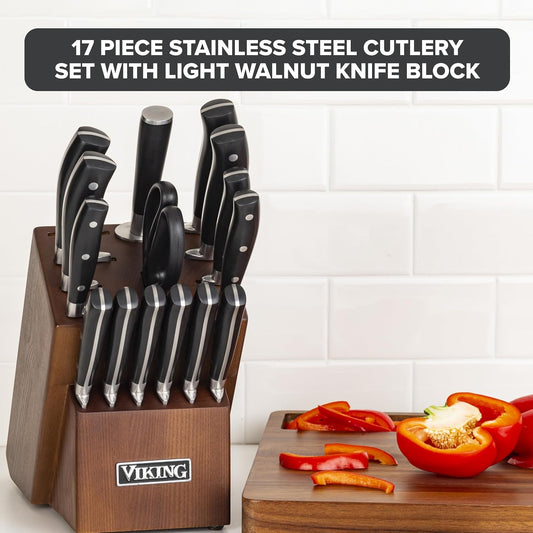 17 Piece Kitchen Knife Set with Light Walnut Block, Cutlery Set with Stainless Steel Blades and Ergonomic Handles, Dishwasher Safe