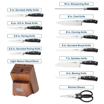 17 Piece Kitchen Knife Set with Light Walnut Block, Cutlery Set with Stainless Steel Blades and Ergonomic Handles, Dishwasher Safe