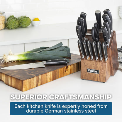 17 Piece Kitchen Knife Set with Light Walnut Block, Cutlery Set with Stainless Steel Blades and Ergonomic Handles, Dishwasher Safe