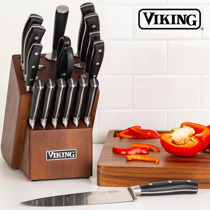 17 Piece Kitchen Knife Set with Light Walnut Block, Cutlery Set with Stainless Steel Blades and Ergonomic Handles, Dishwasher Safe