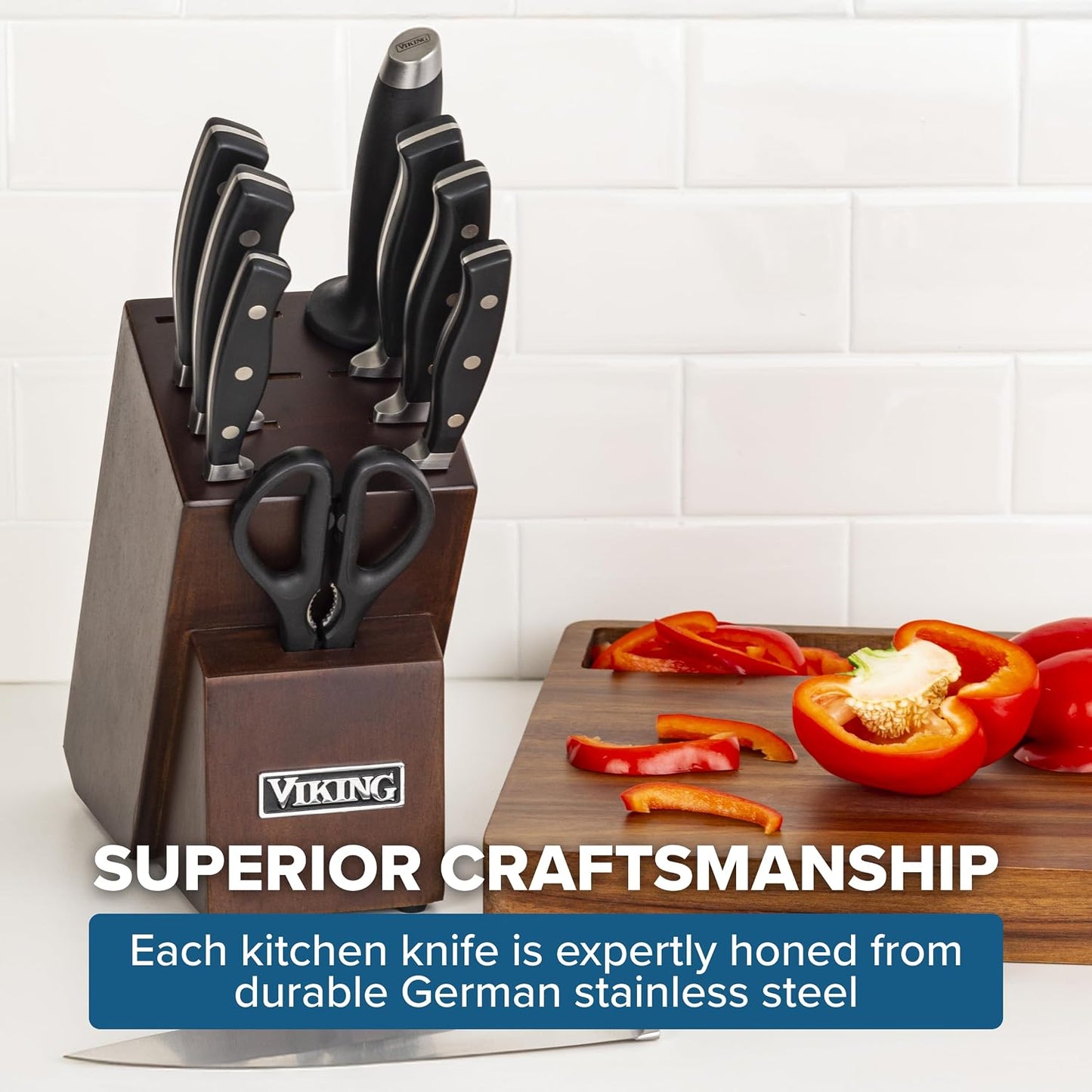 17 Piece Kitchen Knife Set with Light Walnut Block, Cutlery Set with Stainless Steel Blades and Ergonomic Handles, Dishwasher Safe