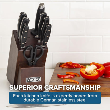 17 Piece Kitchen Knife Set with Light Walnut Block, Cutlery Set with Stainless Steel Blades and Ergonomic Handles, Dishwasher Safe