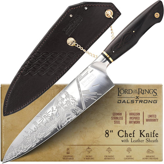 Chef Knife - 8 inch - Lord of the Rings™ Edition - Official Licensed Collection - Humans Aragorn - Premium German X50CRMOV15 Steel - Ebony Wood Handle - Leather Sheath