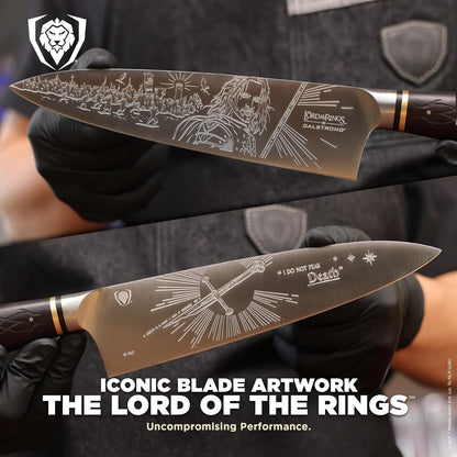 Chef Knife - 8 inch - Lord of the Rings™ Edition - Official Licensed Collection - Humans Aragorn - Premium German X50CRMOV15 Steel - Ebony Wood Handle - Leather Sheath
