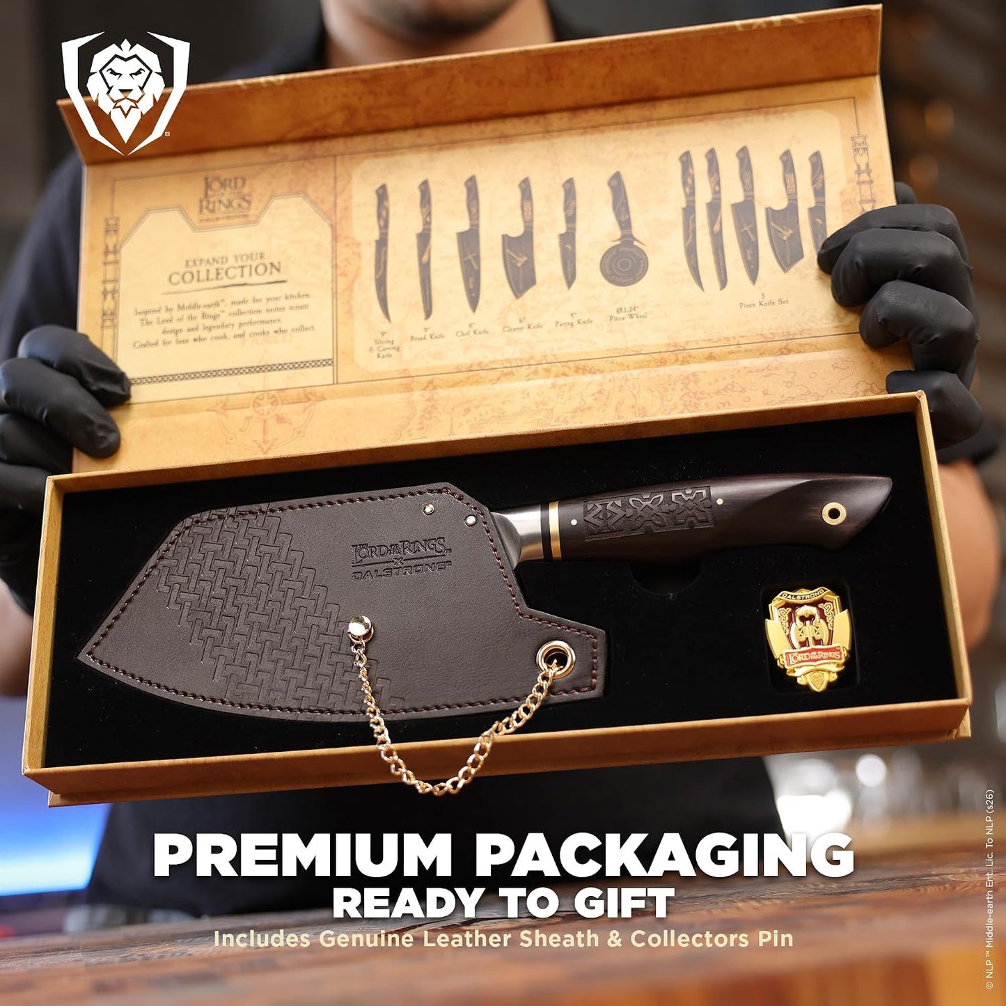 Chef Knife - 8 inch - Lord of the Rings™ Edition - Official Licensed Collection - Humans Aragorn - Premium German X50CRMOV15 Steel - Ebony Wood Handle - Leather Sheath