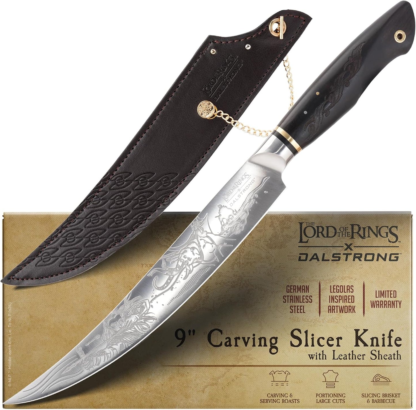 Chef Knife - 8 inch - Lord of the Rings™ Edition - Official Licensed Collection - Humans Aragorn - Premium German X50CRMOV15 Steel - Ebony Wood Handle - Leather Sheath