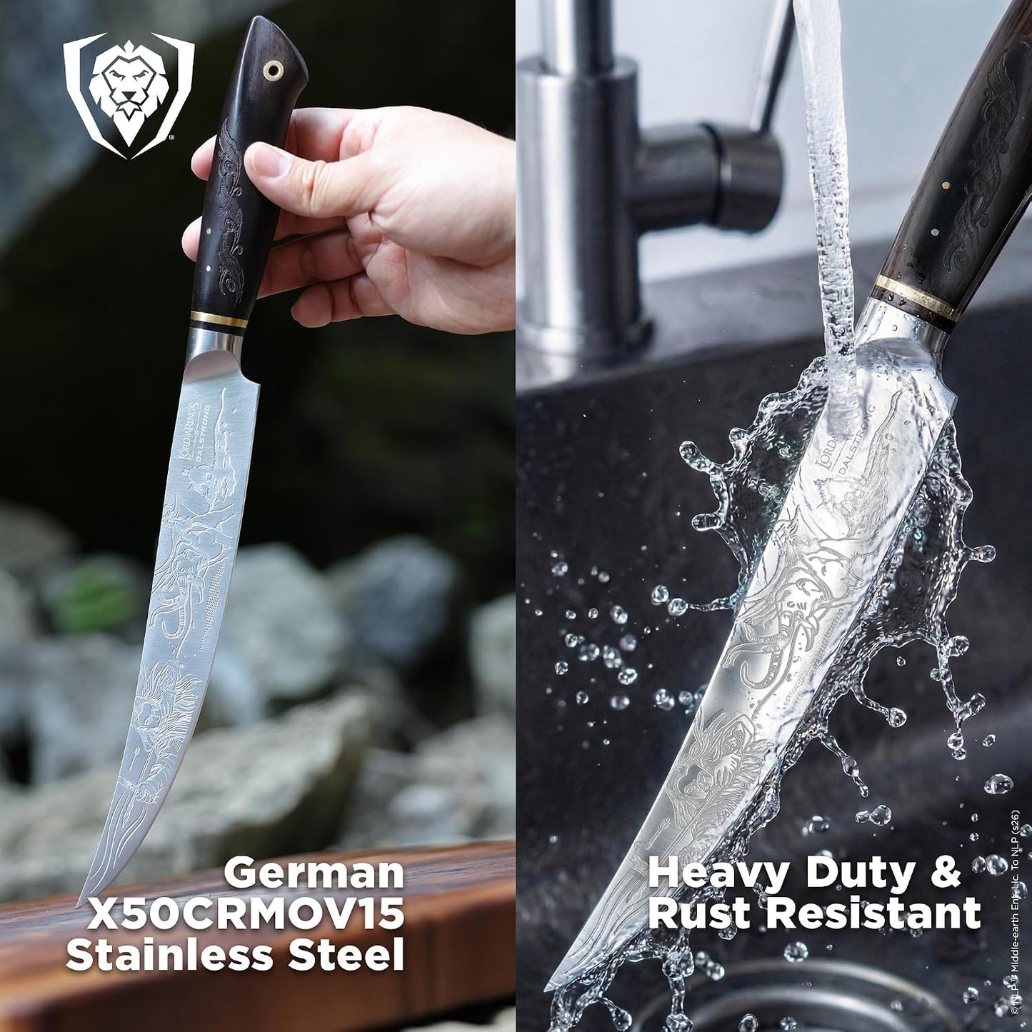Chef Knife - 8 inch - Lord of the Rings™ Edition - Official Licensed Collection - Humans Aragorn - Premium German X50CRMOV15 Steel - Ebony Wood Handle - Leather Sheath