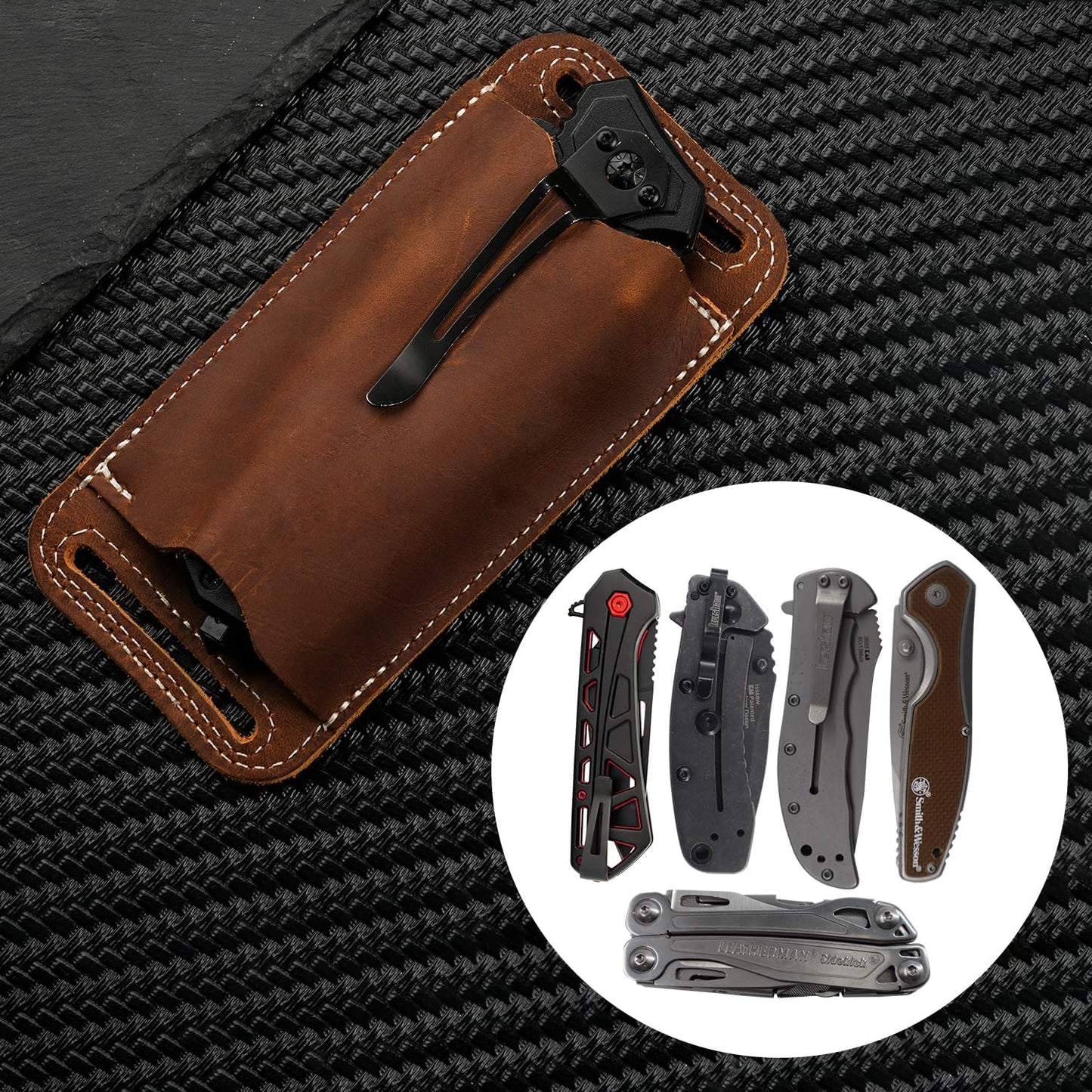 Horizontal Carry Leather Knife Sheath | 5.5", Everyday Carry, For Leatherman, EDC Belt Pouch, For Pocket Folding Knives