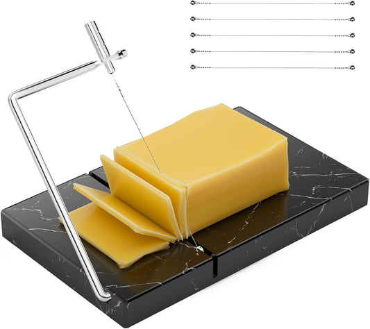 Marble Cheese Slicer with 5 Replacement Thick Cutting Wires, Black | Heavy-Duty 5"x8" Handheld Marble Board Cheese Slicer Cutter, Smoothly Cuts Block Cheese & Butter, Daily Kitchen Gadget