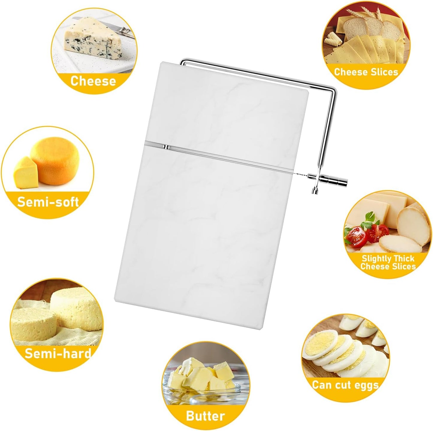 Marble Cheese Slicer with 5 Replacement Thick Cutting Wires, Black | Heavy-Duty 5"x8" Handheld Marble Board Cheese Slicer Cutter, Smoothly Cuts Block Cheese & Butter, Daily Kitchen Gadget