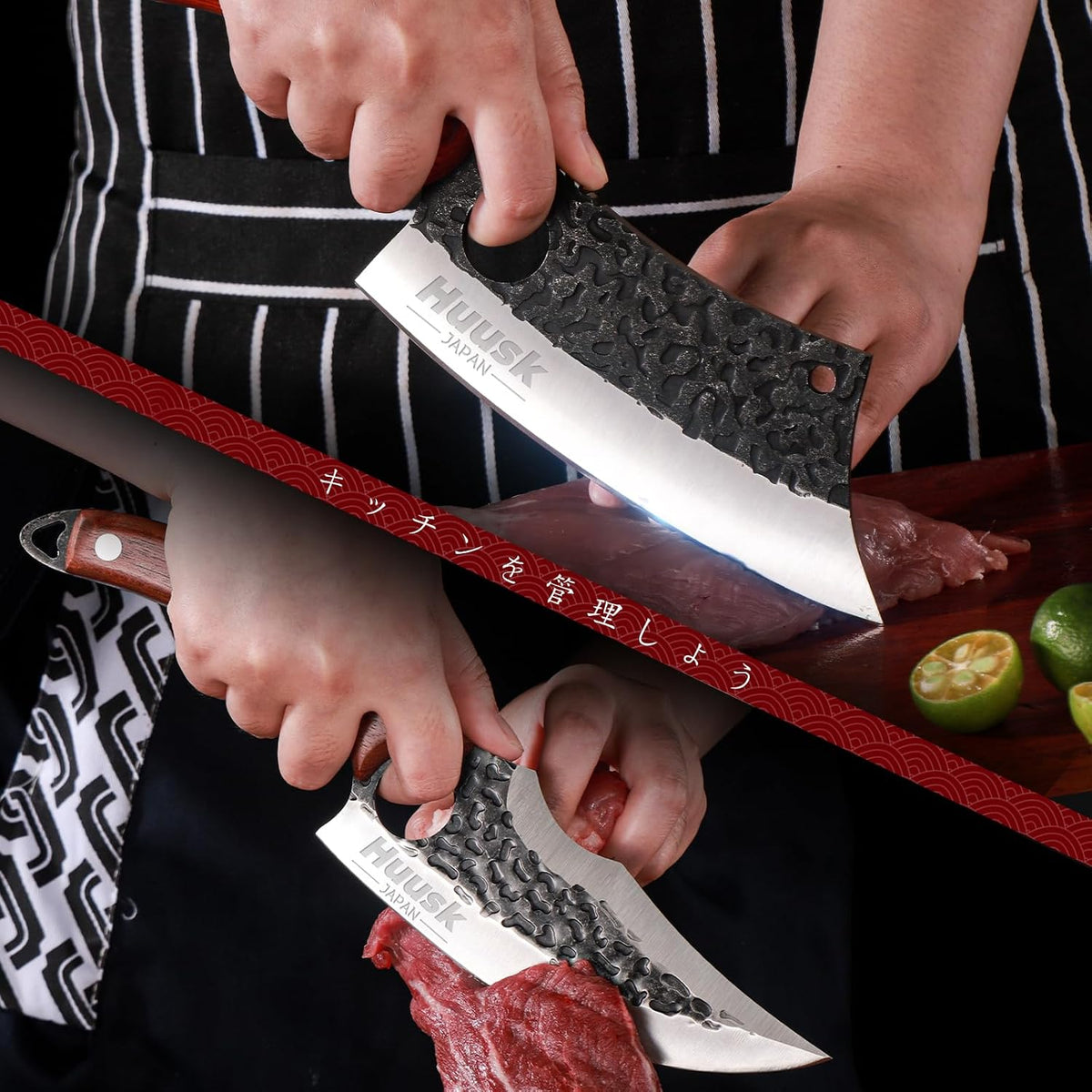Huusk Kitchen Knife Set - Hand Forged Viking Chef Knives for Meat, Men Gift