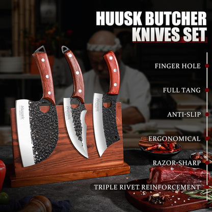 Huusk Kitchen Knife Set - Hand Forged Viking Chef Knives for Meat, Men Gift