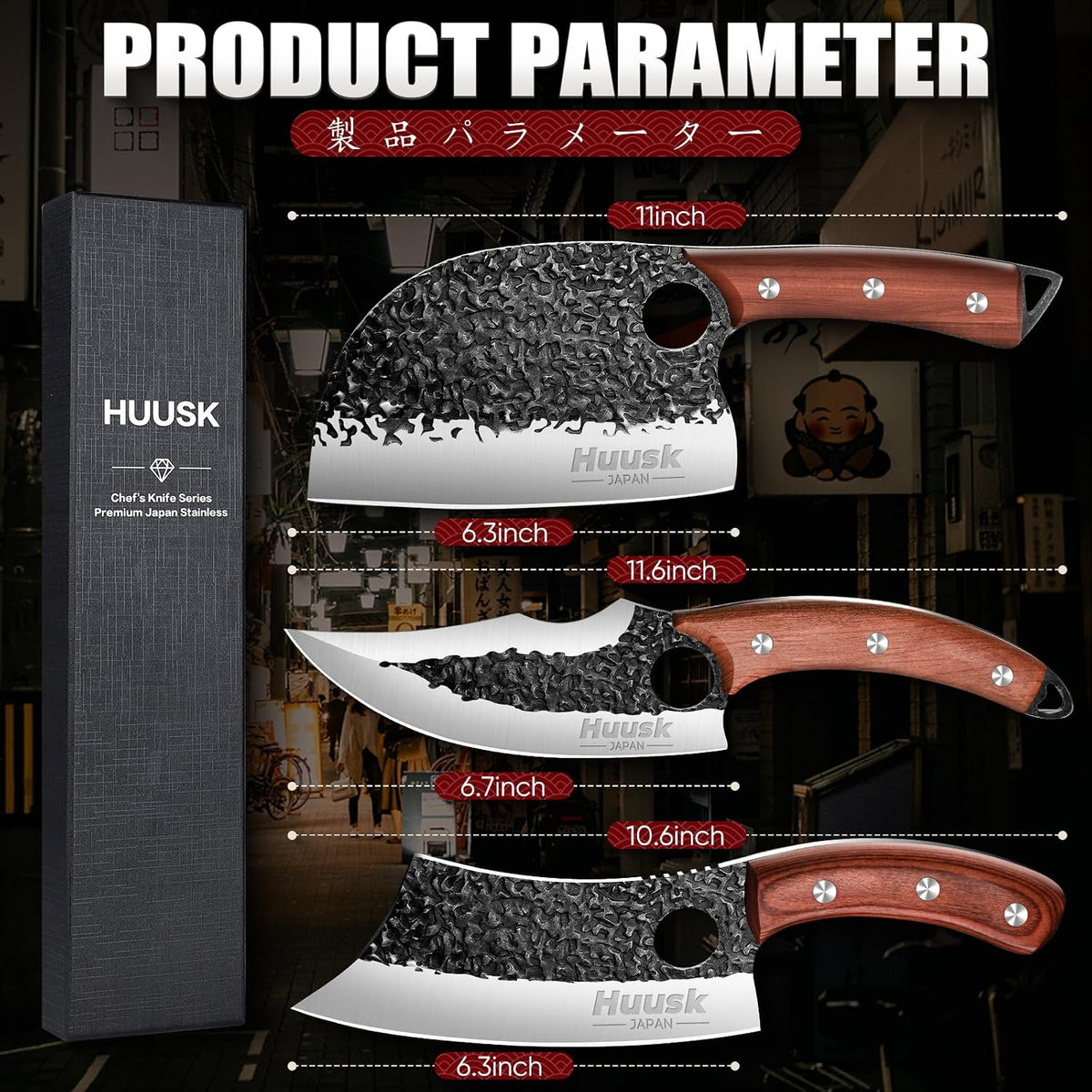 Huusk Kitchen Knife Set - Hand Forged Viking Chef Knives for Meat, Men Gift