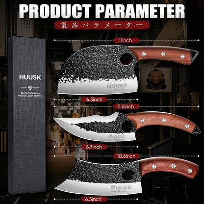 Huusk Kitchen Knife Set - Hand Forged Viking Chef Knives for Meat, Men Gift