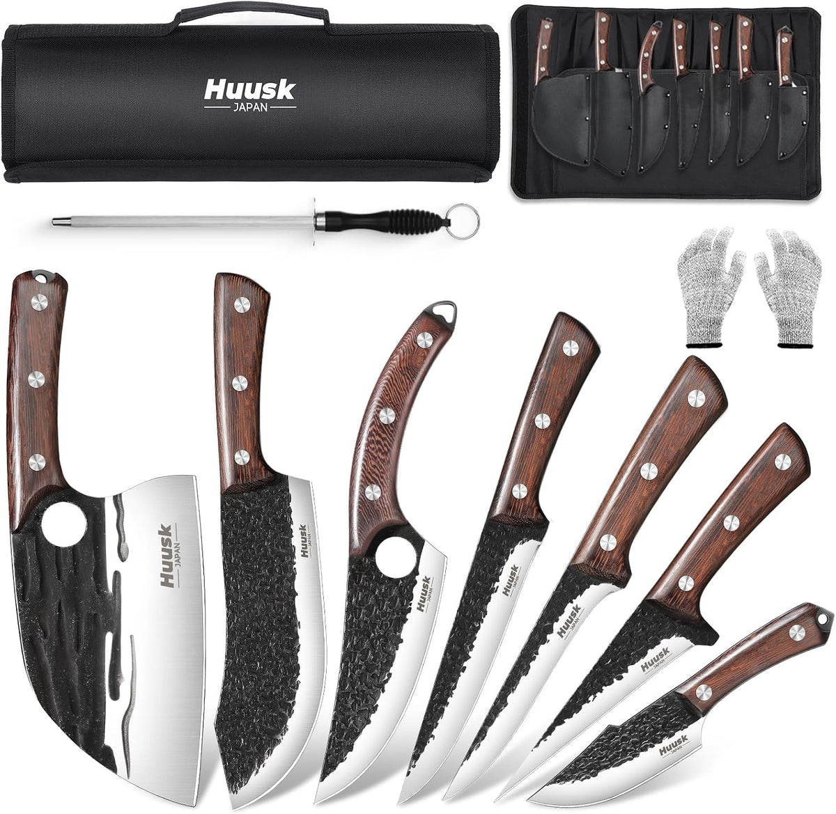 Huusk Kitchen Knife Set - Hand Forged Viking Chef Knives for Meat, Men Gift