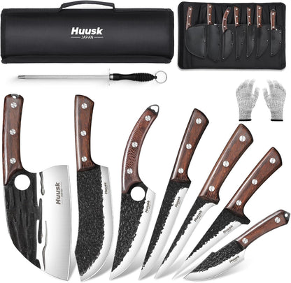 Huusk Kitchen Knife Set - Hand Forged Viking Chef Knives for Meat, Men Gift