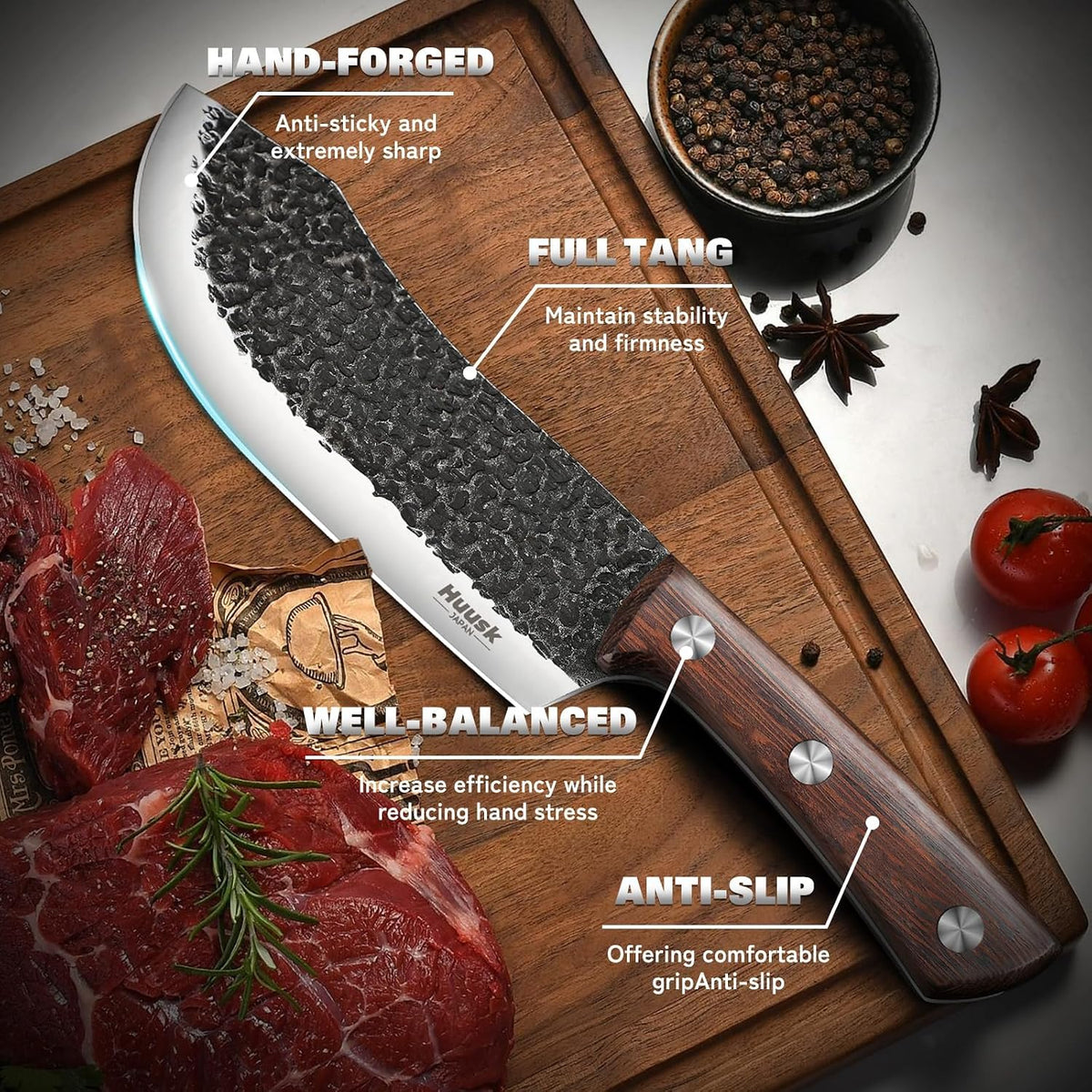Huusk Kitchen Knife Set - Hand Forged Viking Chef Knives for Meat, Men Gift