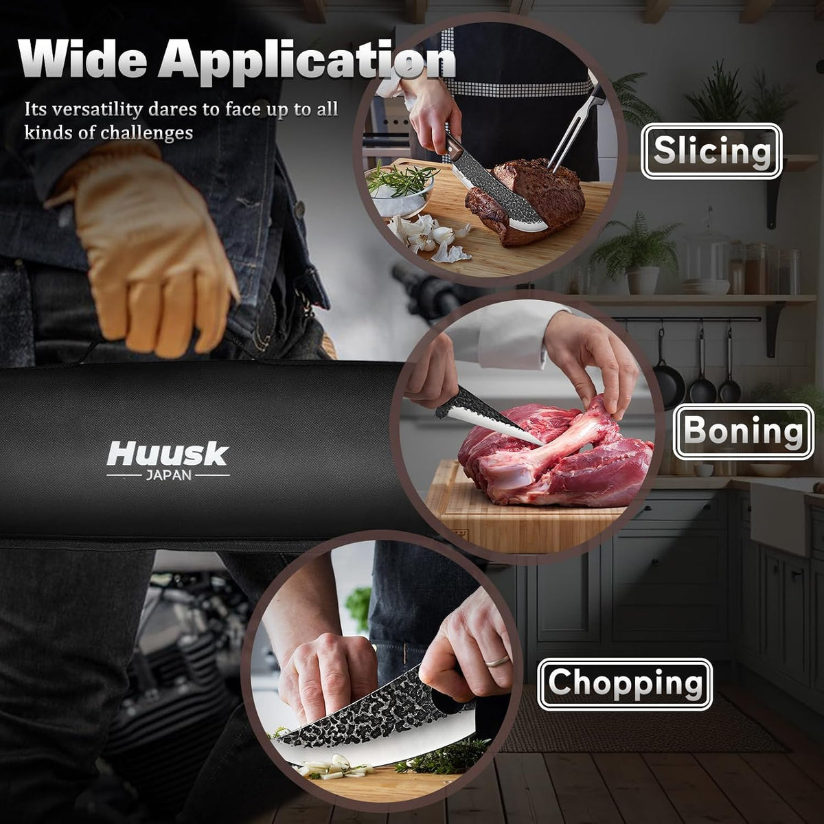Huusk Kitchen Knife Set - Hand Forged Viking Chef Knives for Meat, Men Gift