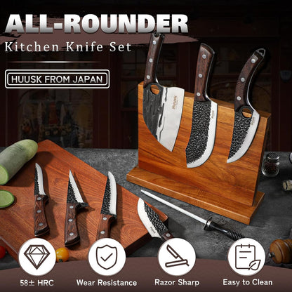 Huusk Kitchen Knife Set - Hand Forged Viking Chef Knives for Meat, Men Gift