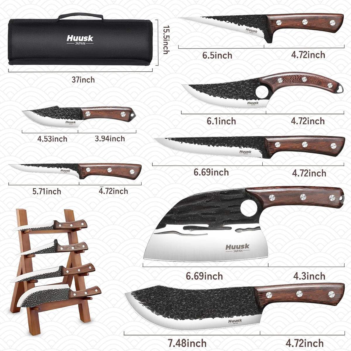 Huusk Kitchen Knife Set - Hand Forged Viking Chef Knives for Meat, Men Gift