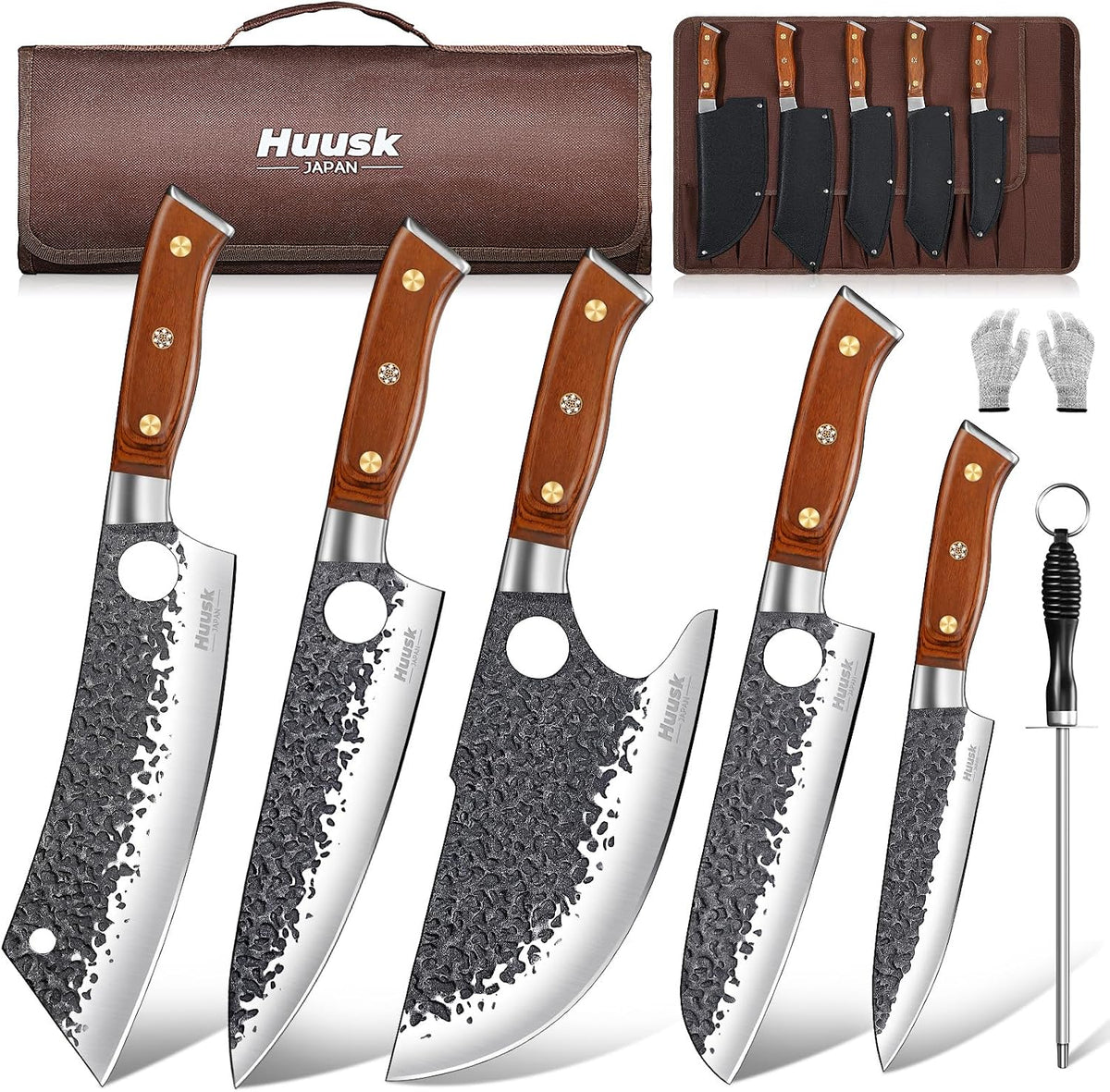 Huusk Kitchen Knife Set - Hand Forged Viking Chef Knives for Meat, Men Gift