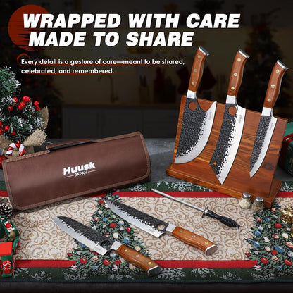 Huusk Kitchen Knife Set - Hand Forged Viking Chef Knives for Meat, Men Gift