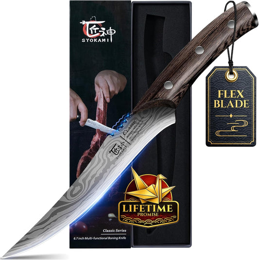 Boning Knife for Meat Cutting, 6.7 Inch Fillet Knife, Wood Handle | High Carbon Razor Sharp Flexible Blade for Deboning, Trimming, Damascus Pattern Full Tang Design, House Warming Gifts