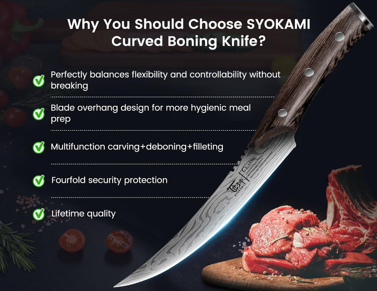 Boning Knife for Meat Cutting, 6.7 Inch Fillet Knife, Wood Handle | High Carbon Razor Sharp Flexible Blade for Deboning, Trimming, Damascus Pattern Full Tang Design, House Warming Gifts