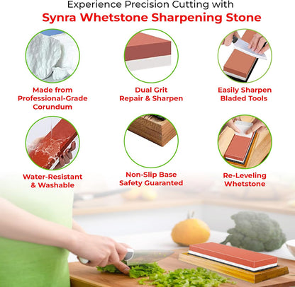 Whetstone Kitchen Knife Sharpening Stone, 8-Inches, Hatchet, Knife, and Axe Sharpener for Home, Field, and Shop, Sharpening Tool with Red Non-Slip Plastic Base, Supports Fine & Coarse Grinding