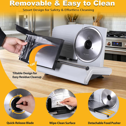 Professional Stainless Steel Electric Meat Slicer Food & Vegetable Cutter with Removable 7.5" Blade - Adjustable Knob for Thickness - Anti Slip Rubber Feet - Sliver (7.5")
