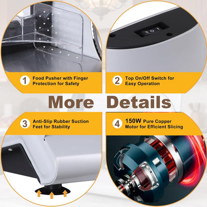 Professional Stainless Steel Electric Meat Slicer Food & Vegetable Cutter with Removable 7.5" Blade - Adjustable Knob for Thickness - Anti Slip Rubber Feet - Sliver (7.5")