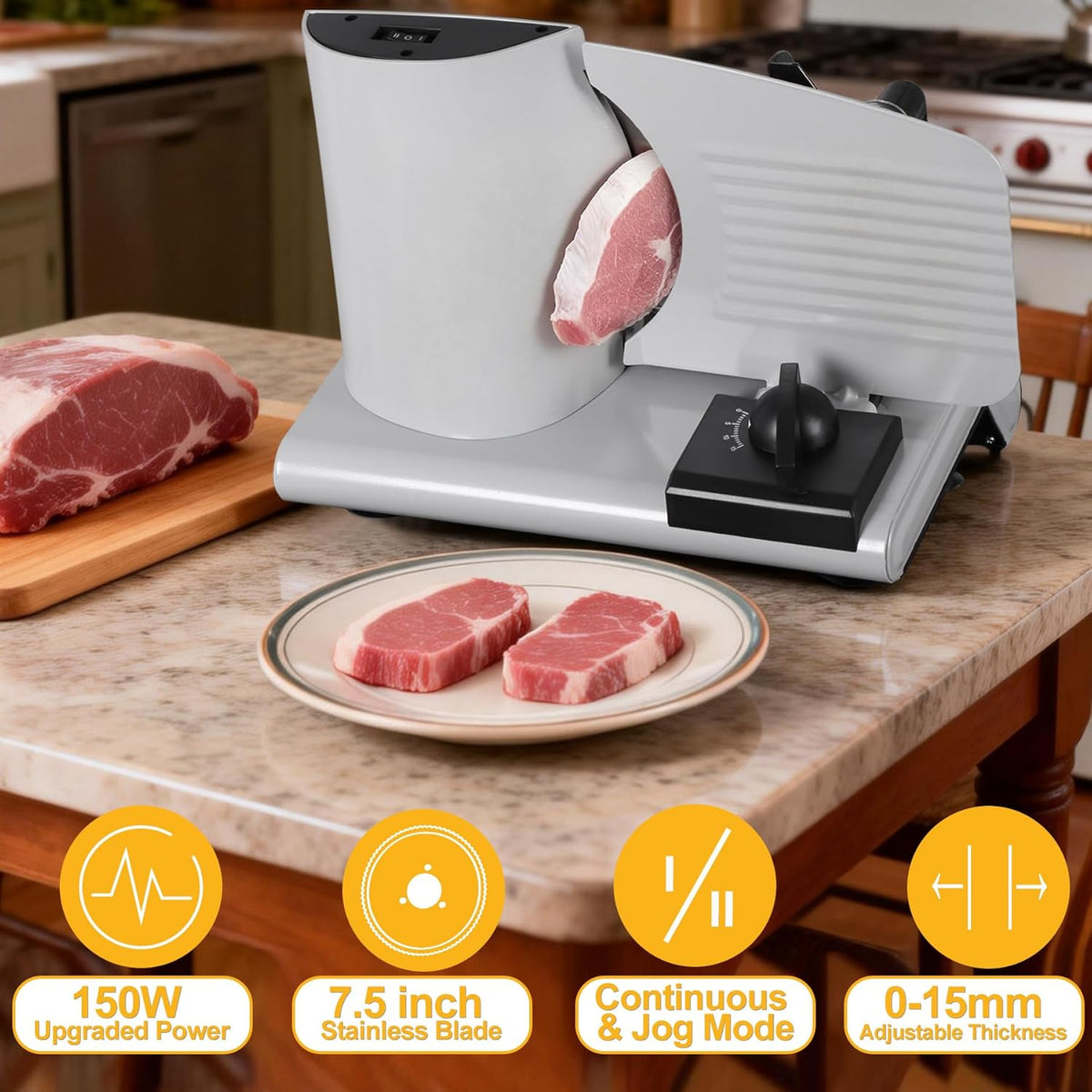 Professional Stainless Steel Electric Meat Slicer Food & Vegetable Cutter with Removable 7.5" Blade - Adjustable Knob for Thickness - Anti Slip Rubber Feet - Sliver (7.5")