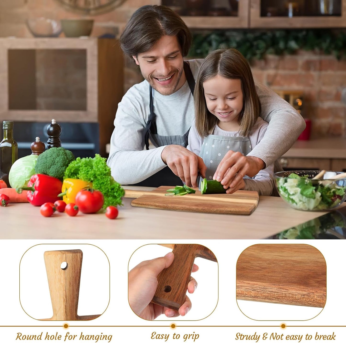3 Pcs Acacia Wood Cutting Board Set with Handle for Charcuterie Cheese Chopping Serving Board Meat Bread Chopping Board Vegetables Fruit Kitchen Dining Room Decorative Wooden