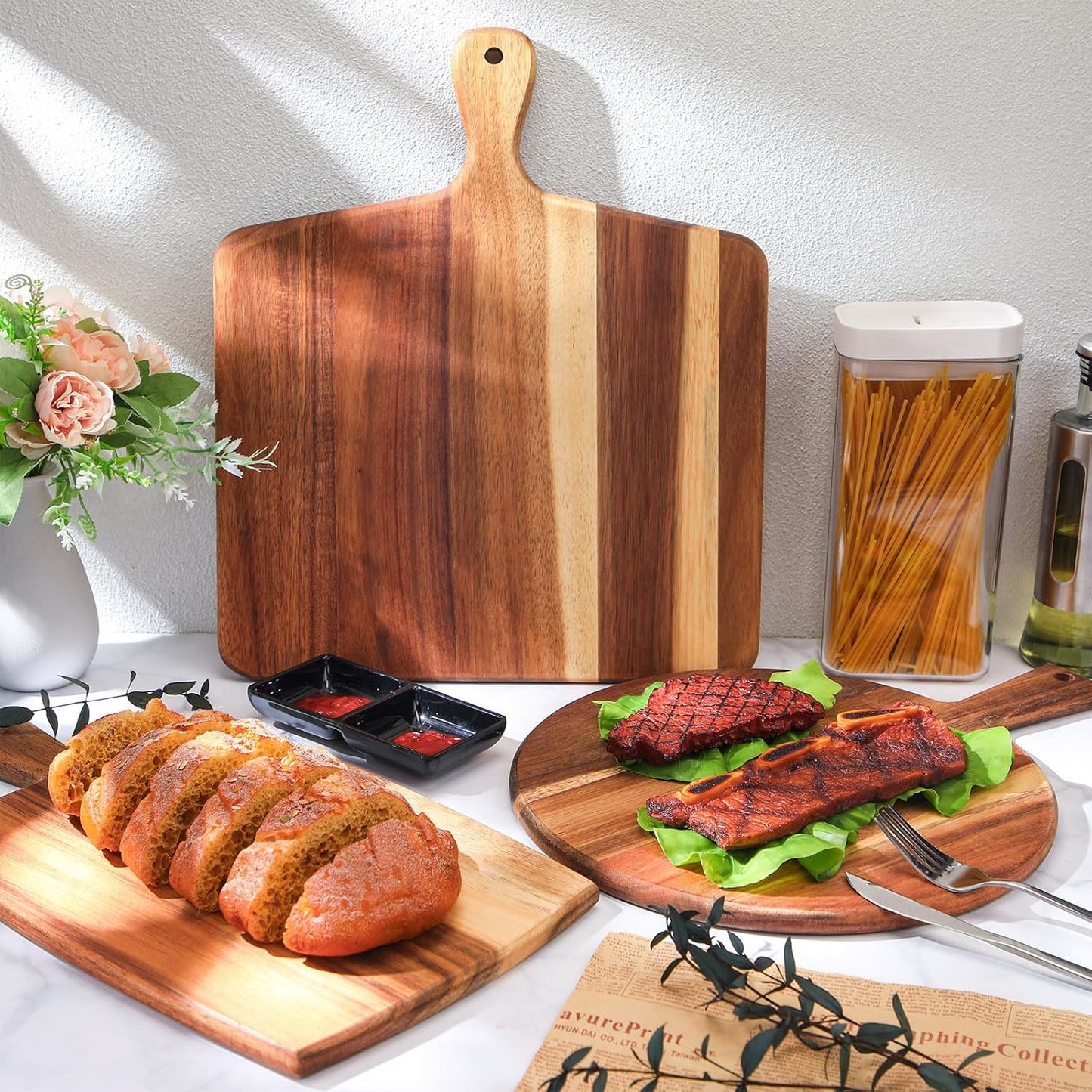3 Pcs Acacia Wood Cutting Board Set with Handle for Charcuterie Cheese Chopping Serving Board Meat Bread Chopping Board Vegetables Fruit Kitchen Dining Room Decorative Wooden