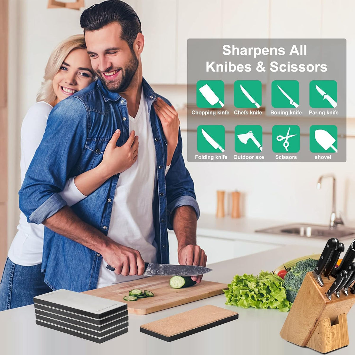 Diamond Sharpening Stone 2 Side Grit and Stropping Leather Strop, 80/180/240/400/600/800/1000/1500/2000/3000 Grit Kitchen Whetstone Honing Stone, Sharpening Dull Knives Grindstone Tool