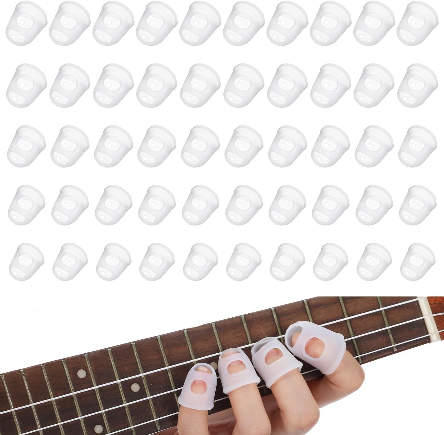 50 Pcs Guitar Finger Covers, Silicone Finger Tip Protectors Anti-Slip & Breathable Silicone Guitar Fingers Guards for Guitars Playing, Ukulele Bass, and Sewing (5 Sizes, White)